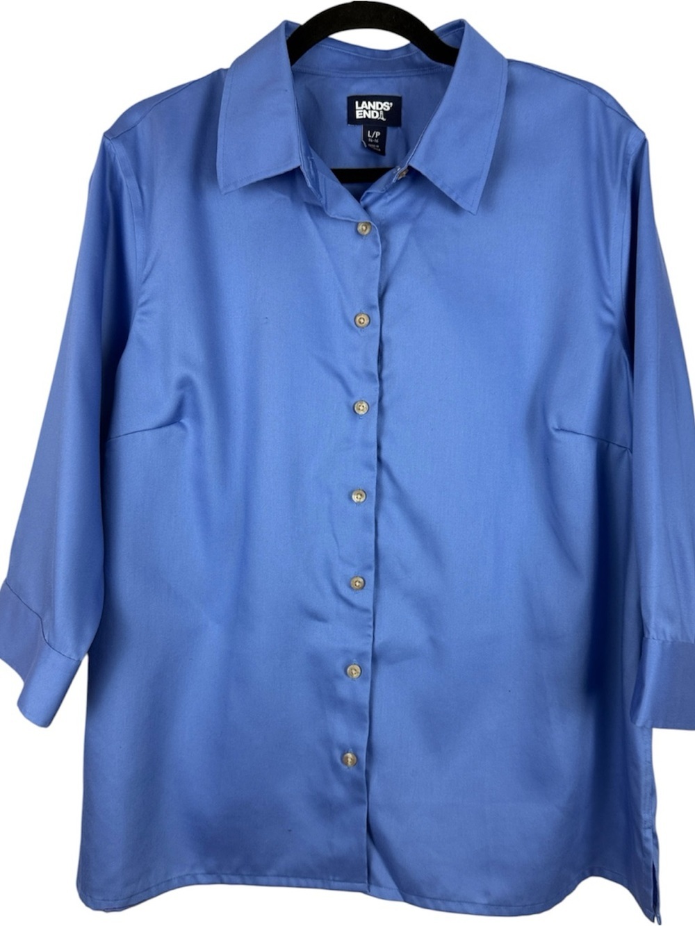 Lands' End Blue Button Down Shirt No Iron 100% Cotton Petite Large 14-16